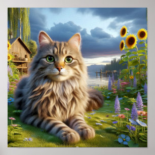 Een Tabby Cat rustend in een rustig landschap Poster