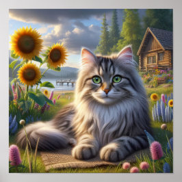 Een Tabby Cat rustend in een rustig landschap Poster