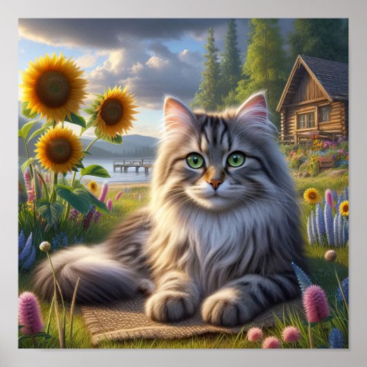 Een Tabby Cat rustend in een rustig landschap Poster (Voorkant)