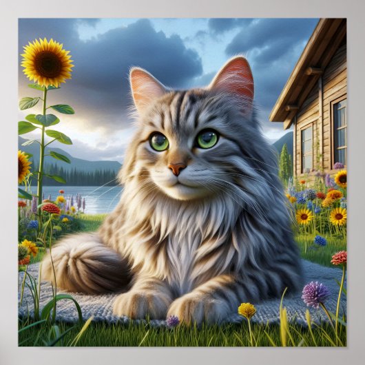 Een Tabby Cat rustend in een rustig landschap Poster (Voorkant)