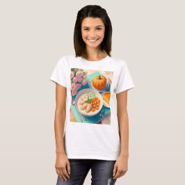 Een tafel met een bord eten en een pompoen erop t-shirt