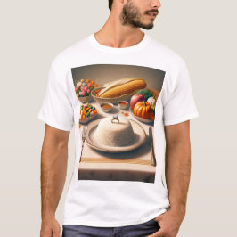 Een tafel met een bord voedsel inclusief rijstmaïs t-shirt