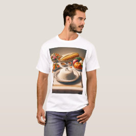 Een tafel met een bord voedsel inclusief rijstmaïs t-shirt
