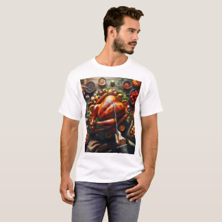 Een tafel met een kalkoen en vele andere voedingsm t-shirt