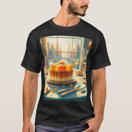 Een tafel met een taart en een bril en een taart m t-shirt