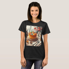 Een tafel met een taart en een vaas met eieren ero t-shirt