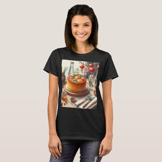 Een tafel met een taart en een vaas met eieren ero t-shirt (Voorkant volledig)