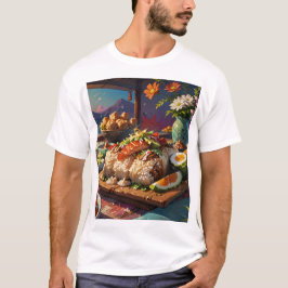 Een tafel met eten inclusief een bord eten t-shirt