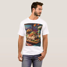 Een tafel met eten inclusief een bord eten t-shirt