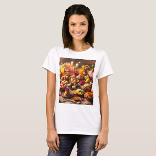 Een tafel vol met eten inclusief fruit en bloemen t-shirt