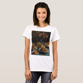 Een tafel vol met eten inclusief vleesbloemen t-shirt