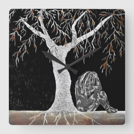 Een tak van Leven aan Contemplate Vierkante Klok (Voorkant)