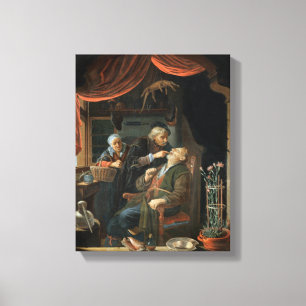 Een tandarts die de tand van een oud Man (olie of Canvas Afdruk