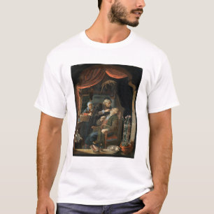 Een tandarts die de tand van een oud Man (olie of T-shirt