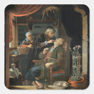 Een tandarts die de tand van een oud Man (olie of Vierkante Sticker