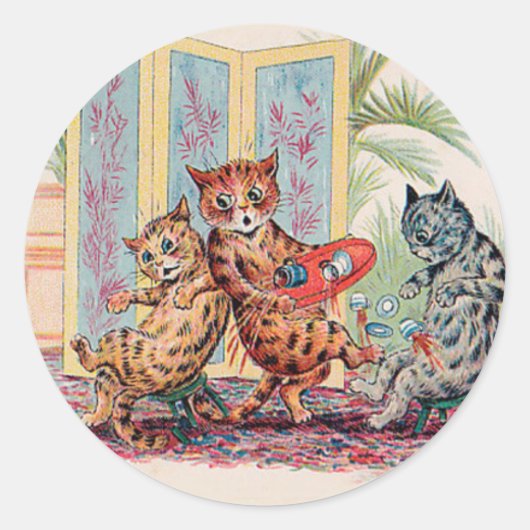 Een Tea Party CATastrophe - Louis Wain's Cat Art Ronde Sticker (Voorkant)