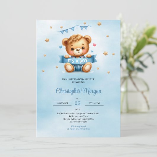 Een teddybeer is een baby shower kaart (Staand voorkant)