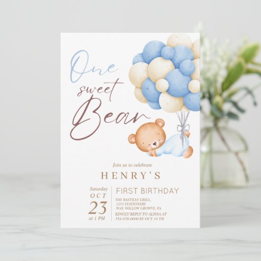 Een teddybeer Waterverf Boy 1e verjaardagsfeestje Kaart (Staand voorkant)