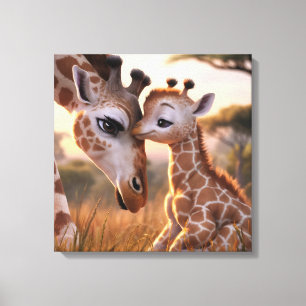 Een teder moment tussen giraffen: moeder en baby k canvas afdruk