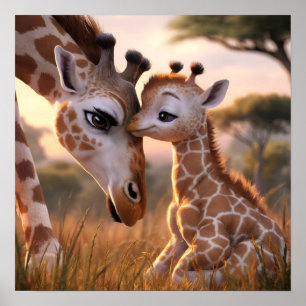 Een teder moment van een giraffe: moeder en baby o poster
