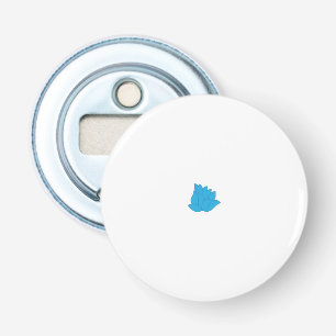 een tekening van een blauwe bloem op een witte ach button flesopener