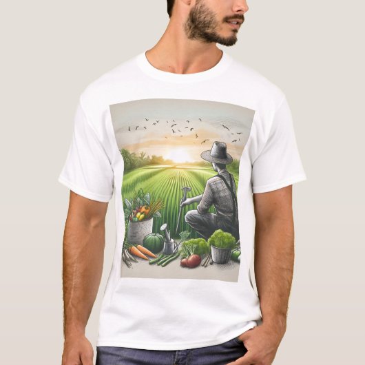 Een tekening van een man dat in een veld zit t-shirt (Voorkant)