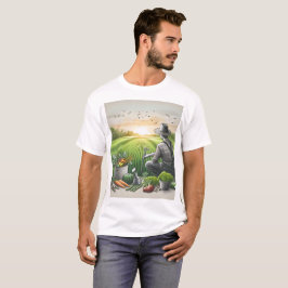 Een tekening van een man dat in een veld zit t-shirt