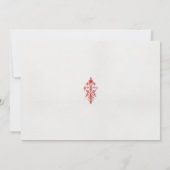 Een tekening van een rode bloem en bladeren op een kaart (Achterkant)