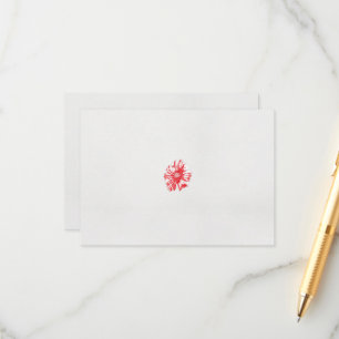 Een tekening van een rode bloem op een witte achte informatiekaartje