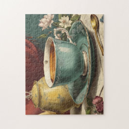 Een theekopje en theepot omringd door bloemen legpuzzel