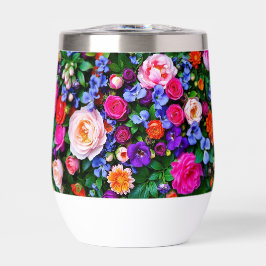 Een thermische wijnbeker met heldere bloemen