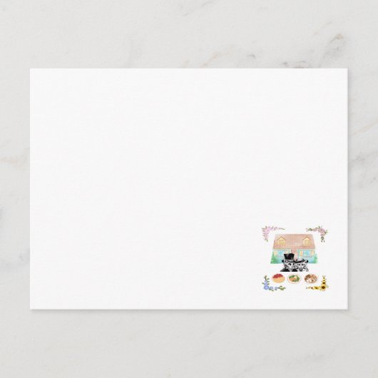 Een thuis, twee katten, drie maaltijden, vier seiz briefkaart (Voorkant)