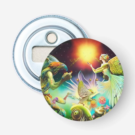 Een tijd van vergoedingsolieverfschilderij button flesopener (Voorkant)