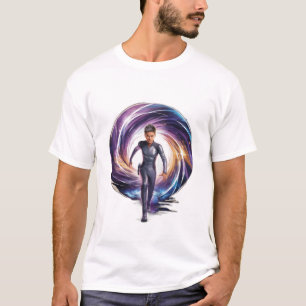 Een tijdreiziger die door een portaal stapt, met s t-shirt