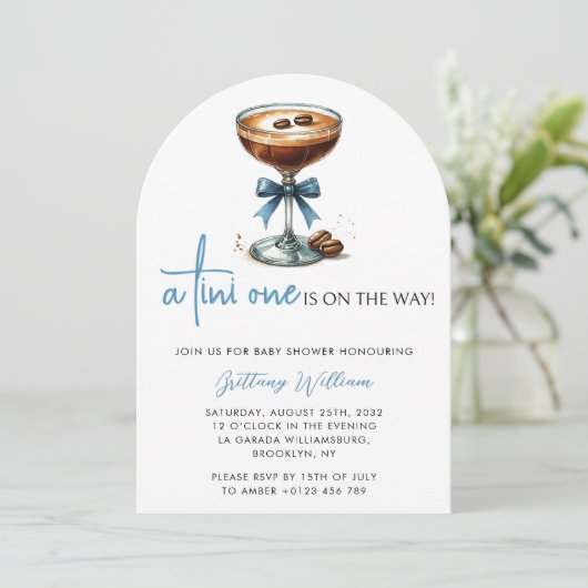 Een Tini One Baby shower Blue Bow Arch Uitnodiging (Staand voorkant)