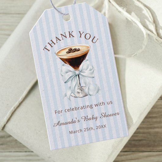 Een tini One Espresso Martini Baby Shower Cadeaulabel