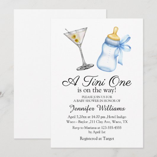 Een Tini One is onderweg, Martini Boy baby shower Kaart (Voorkant / Achterkant)