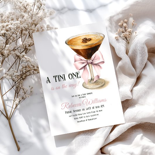 Een Tini One Pink Bow Espresso Martini Baby shower Kaart