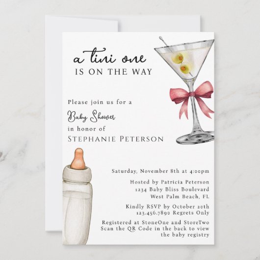 Een Tini One Pink Martini QR Code Baby shower Kaart (Voorkant)