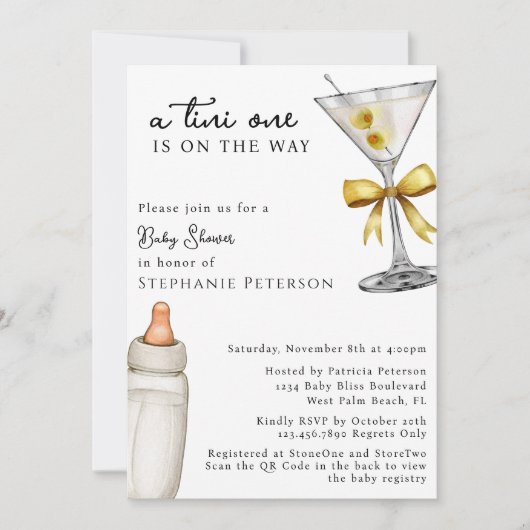 Een Tini One Yellow Martini QR Code Baby shower Kaart (Voorkant)