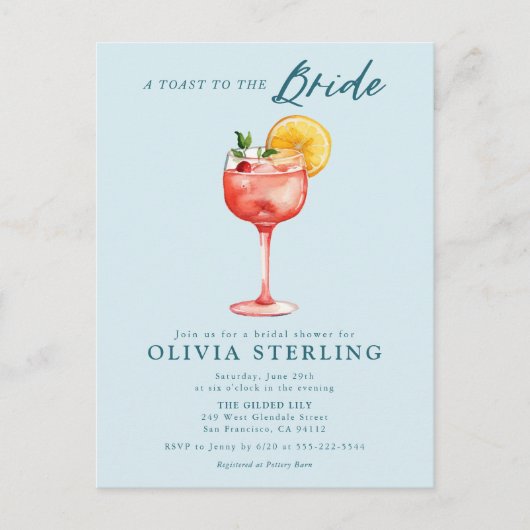 Een toast op de bruid blauwe uitnodiging voor brui (Voorkant)