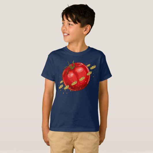 Een tomatenplaneet met pizzas om hem t-shirt (Voorkant volledig)