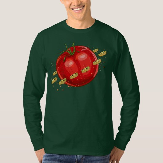 Een tomatenplaneet met pizzas om hem t-shirt (Voorkant)