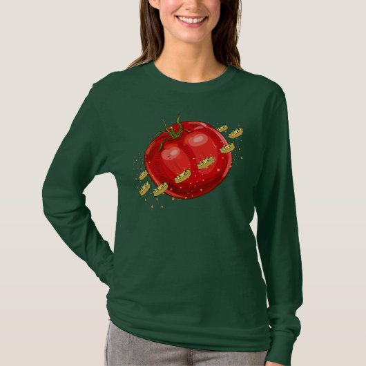 Een tomatenplaneet met pizzas om hem t-shirt (Voorkant)