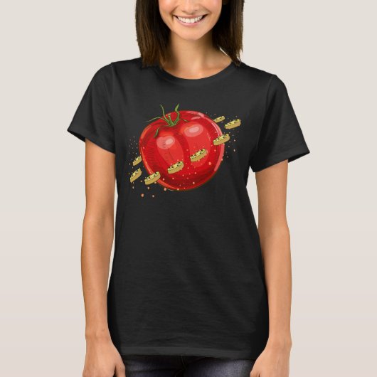 Een tomatenplaneet met pizzas om hem t-shirt (Voorkant)