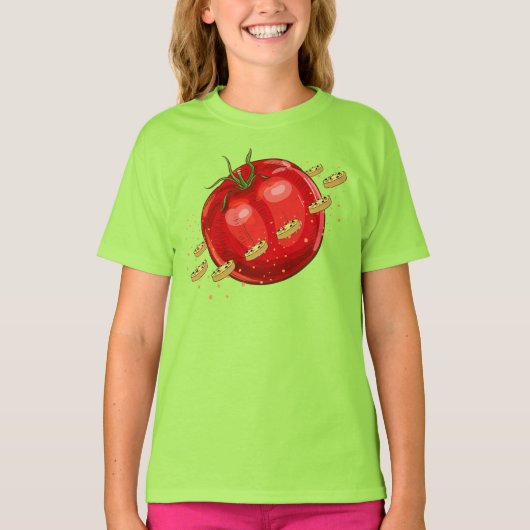 Een tomatenplaneet met pizzas om hem t-shirt (Voorkant)