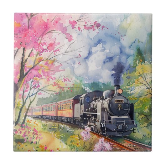 Een trein in de lente tegeltje (Voorkant)