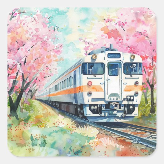 Een trein in de lente vierkante sticker (Voorkant)