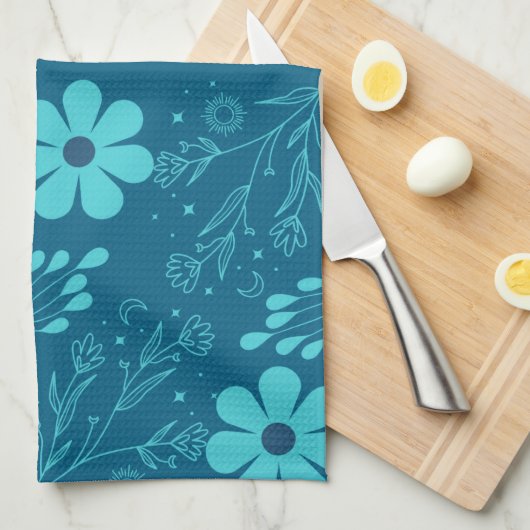 Een trendy cyaankleurige bloemendesign theedoek (Quarter Fold)