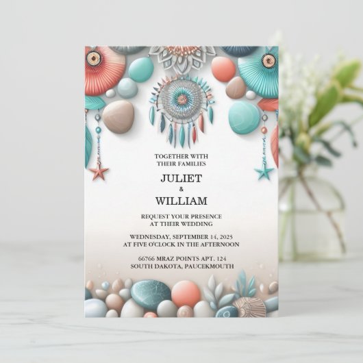 Een Tribal Aqua Zand Werk Gestapeld Zee Glas Bruil Kaart (Staand voorkant)
